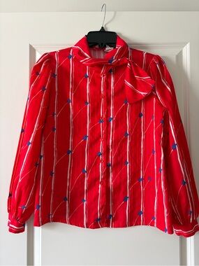 VINTAGE Jonquil - Red Scarf-Tie Stripe Blouse with Blue Patterned Details